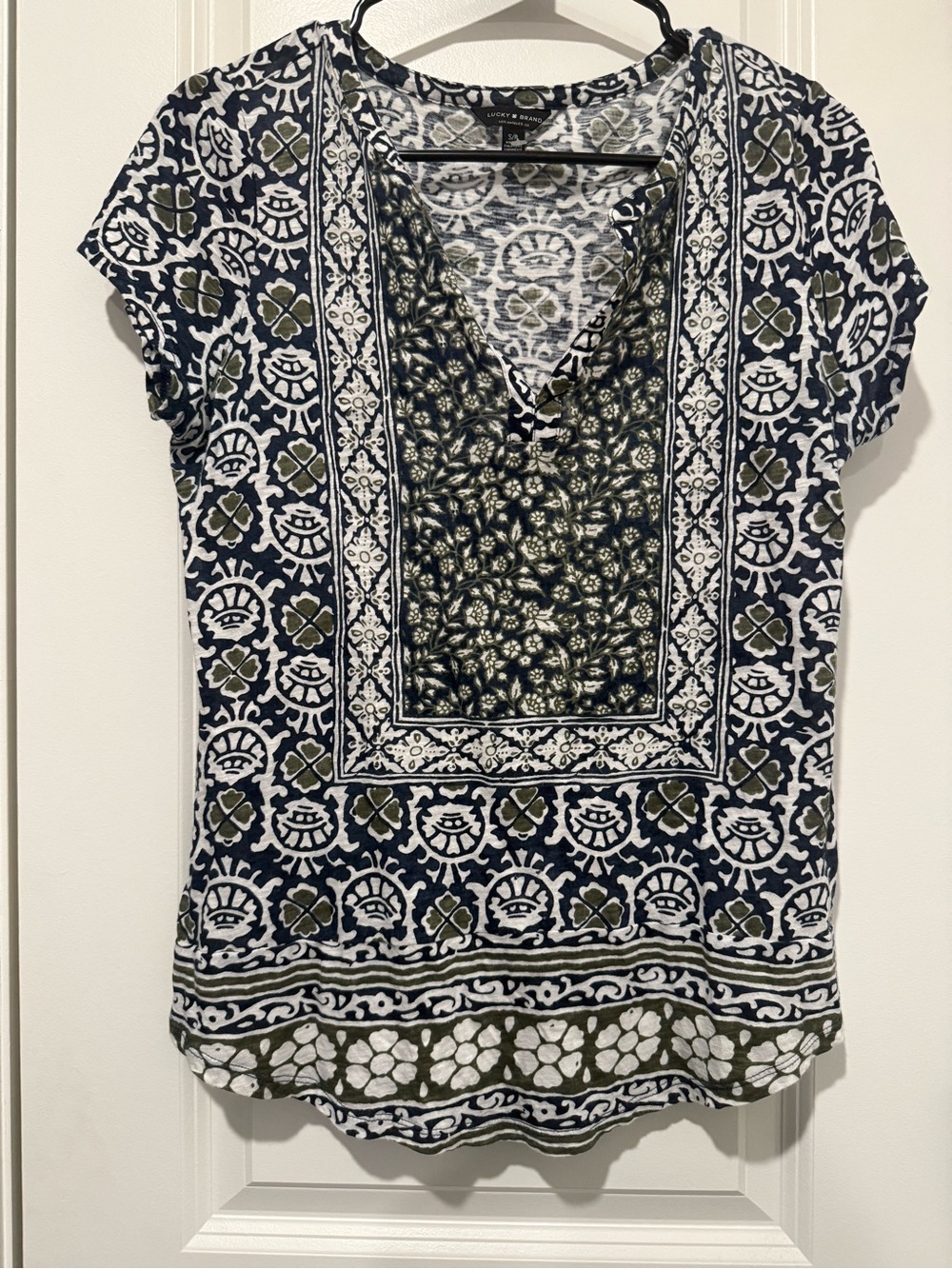 Lucky Brand Olive & Navy Patterned V-Neck Blouse